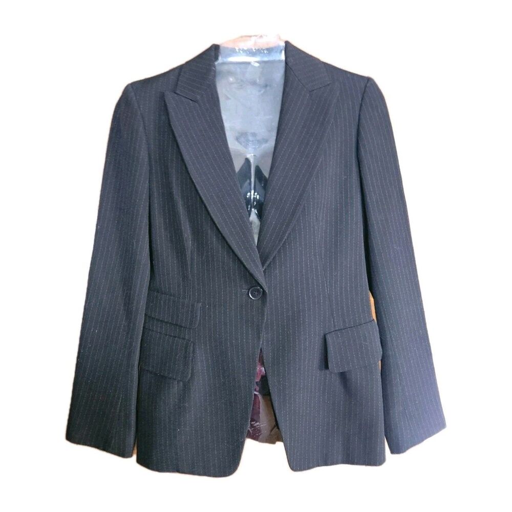 DKNY Womens Wool Blazer Jacket Size 2 Black Purple Pin Stripe‎ Tailored Office
